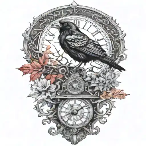 raven perched with runes and clockwork and branches with read leaves tattoo design idea
