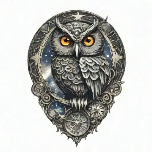 clockwork owl, moon and stars tattoo design idea