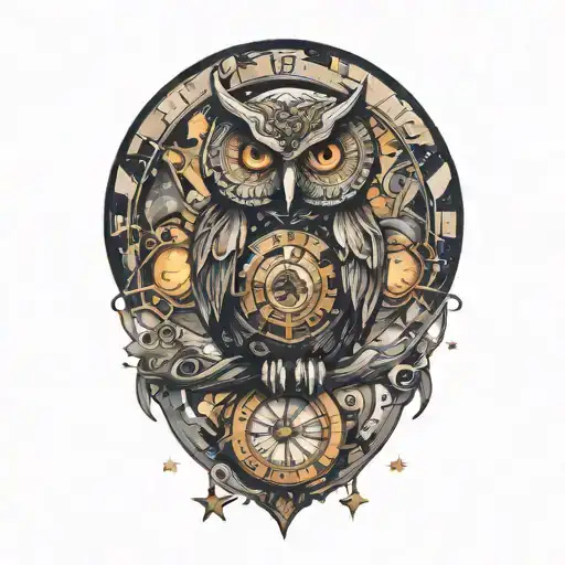 clockwork owl, moon and stars tattoo design idea