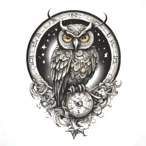 clockwork owl, moon and stars tattoo design idea
