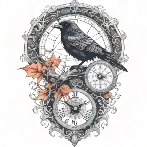 raven perched with runes and clockwork and branches with read leaves tattoo design idea