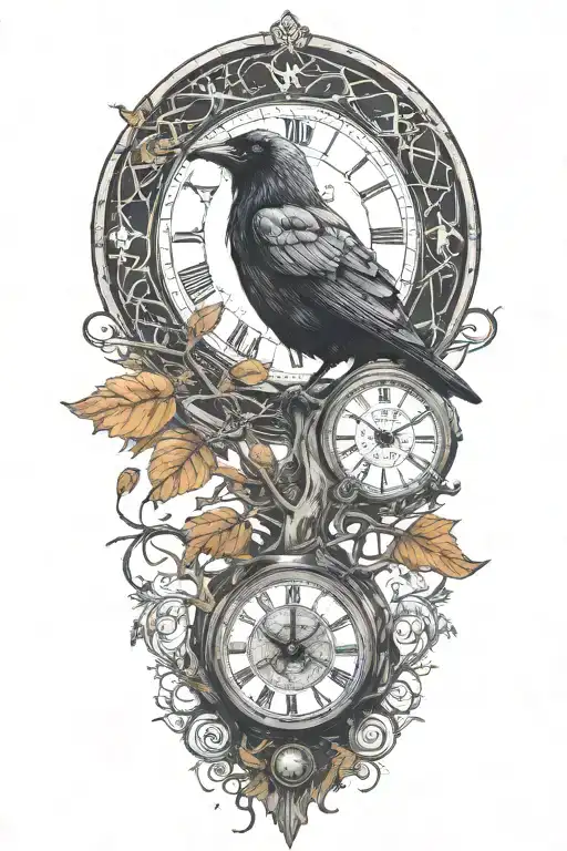 raven perched with runes and clockwork and branches with read leaves tattoo design idea