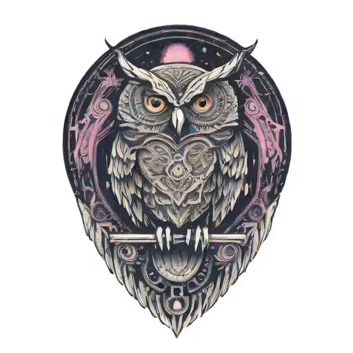 owl flying with open wings, moon and stars tattoo design idea