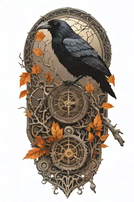 raven perched with runes and clockwork and branches with read leaves tattoo design idea