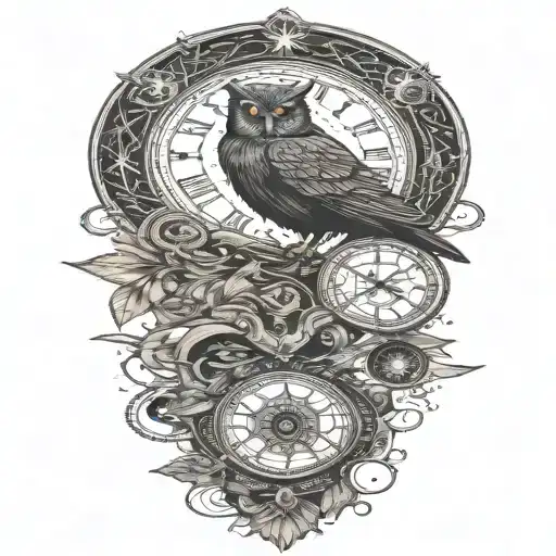 cosmic owl with moons and stars tattoo design idea