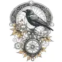 raven perched with runes and clockwork and branches with read leaves tattoo design idea