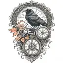 raven perched with runes and clockwork and branches with read leaves tattoo design idea