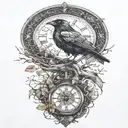 raven perched with runes and clockwork and branches with read leaves tattoo design idea