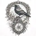 raven perched with runes and clockwork and branches with read leaves tattoo design idea