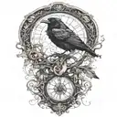 raven perched with runes and clockwork and branches with read leaves tattoo design idea