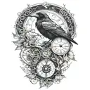 raven perched with runes and clockwork and branches with read leaves tattoo design idea