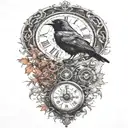 raven perched with runes and clockwork and branches with read leaves tattoo design idea