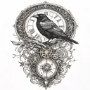 raven perched with runes and clockwork and branches with read leaves tattoo design idea