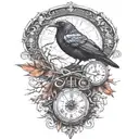raven perched with runes and clockwork and branches with read leaves tattoo design idea
