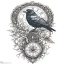 raven perched with runes and clockwork and branches with read leaves tattoo design idea