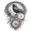 raven perched with runes and clockwork and branches with read leaves tattoo design idea