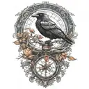 raven perched with runes and clockwork and branches with read leaves tattoo design idea