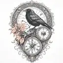 raven perched with runes and clockwork and branches with read leaves tattoo design idea