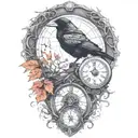 raven perched with runes and clockwork and branches with read leaves tattoo design idea