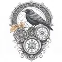 raven perched with runes and clockwork and branches with read leaves tattoo design idea