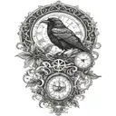 raven perched with runes and clockwork and branches with read leaves tattoo design idea