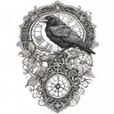 raven perched with runes and clockwork and branches with read leaves tattoo design idea