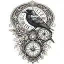 raven perched with runes and clockwork and branches with read leaves tattoo design idea