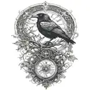 raven perched with runes and clockwork and branches with read leaves tattoo design idea