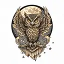 owl flying with open wings, moon and stars tattoo design idea