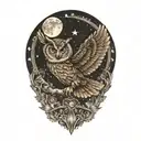 owl flying with open wings, moon and stars tattoo design idea