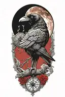 raven perched with runes, clockwork red moon background and magic tattoo design idea