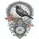 raven perched with runes and clockwork and branches with read leaves tattoo design idea