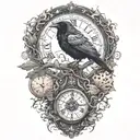 raven perched with runes and clockwork and branches with read leaves tattoo design idea