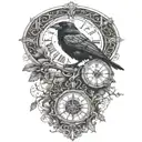 raven perched with runes and clockwork and branches with read leaves tattoo design idea