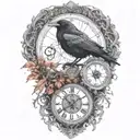 raven perched with runes and clockwork and branches with read leaves tattoo design idea