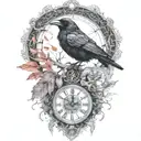 raven perched with runes and clockwork and branches with read leaves tattoo design idea