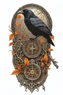 raven perched with runes and clockwork and branches with read leaves tattoo design idea