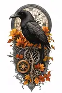 raven perched with runes and clockwork and branches with read leaves tattoo design idea