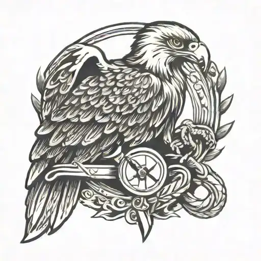 oldschool tattoo with an eagle which holds knife and an snake  tattoo design idea