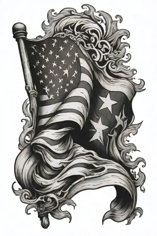 burning flag waving tattoo design idea