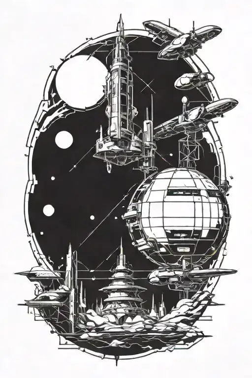 Cyber Sigilism background with fine line space station in the foreground tattoo design idea