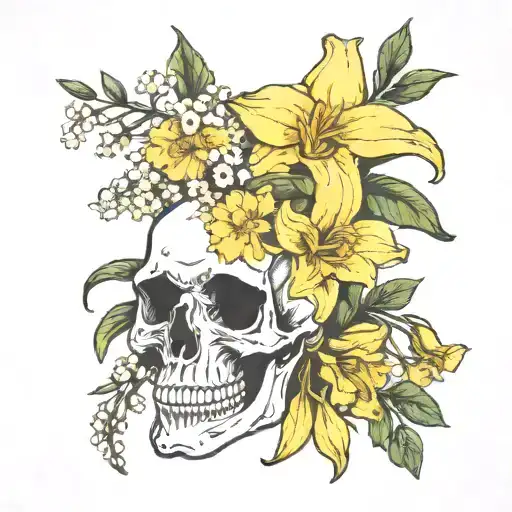 skull with flowers - daffodil, daisy, lily of the valley, rose, morning glory tattoo design idea