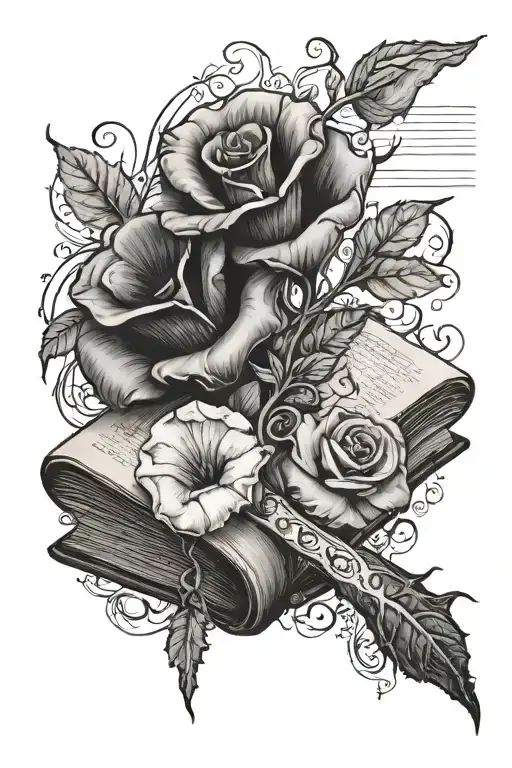 book with pages turning morning glory, sweet pea, rose, and thorns, with pen and ink and the words "I hold the pen" tattoo design idea