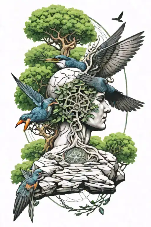 Swallows flying around the stone head of Chonos - the god of time, behind which grows the green tree of life tattoo design idea