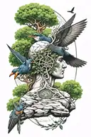 Swallows flying around the stone head of Chonos - the god of time, behind which grows the green tree of life tattoo design idea