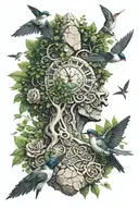 Swallows flying around the stone head of Chonos - the god of time, behind which grows the green tree of life tattoo design idea