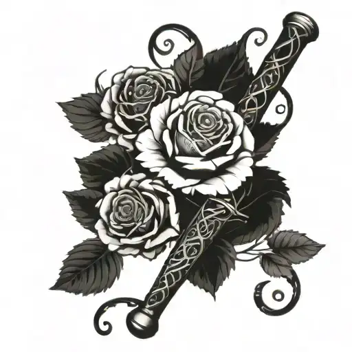 A baseball bat wrapped in a vine of roses tattoo design idea