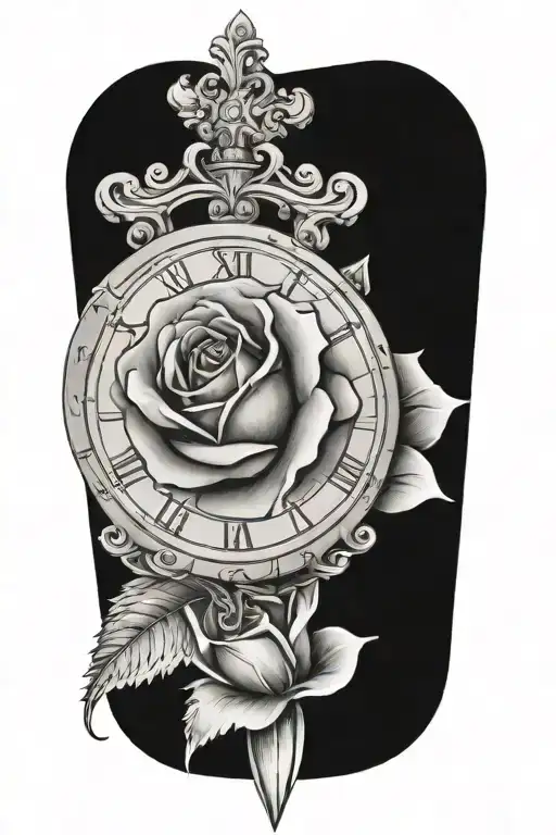 rose with a clock with Roman numerals and baseball bats  tattoo design idea
