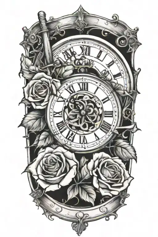 rose with a clock with Roman numerals and baseball bats  tattoo design idea