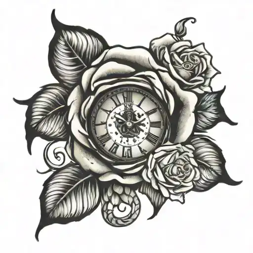 rose with clock with Roman numerals tattoo design idea